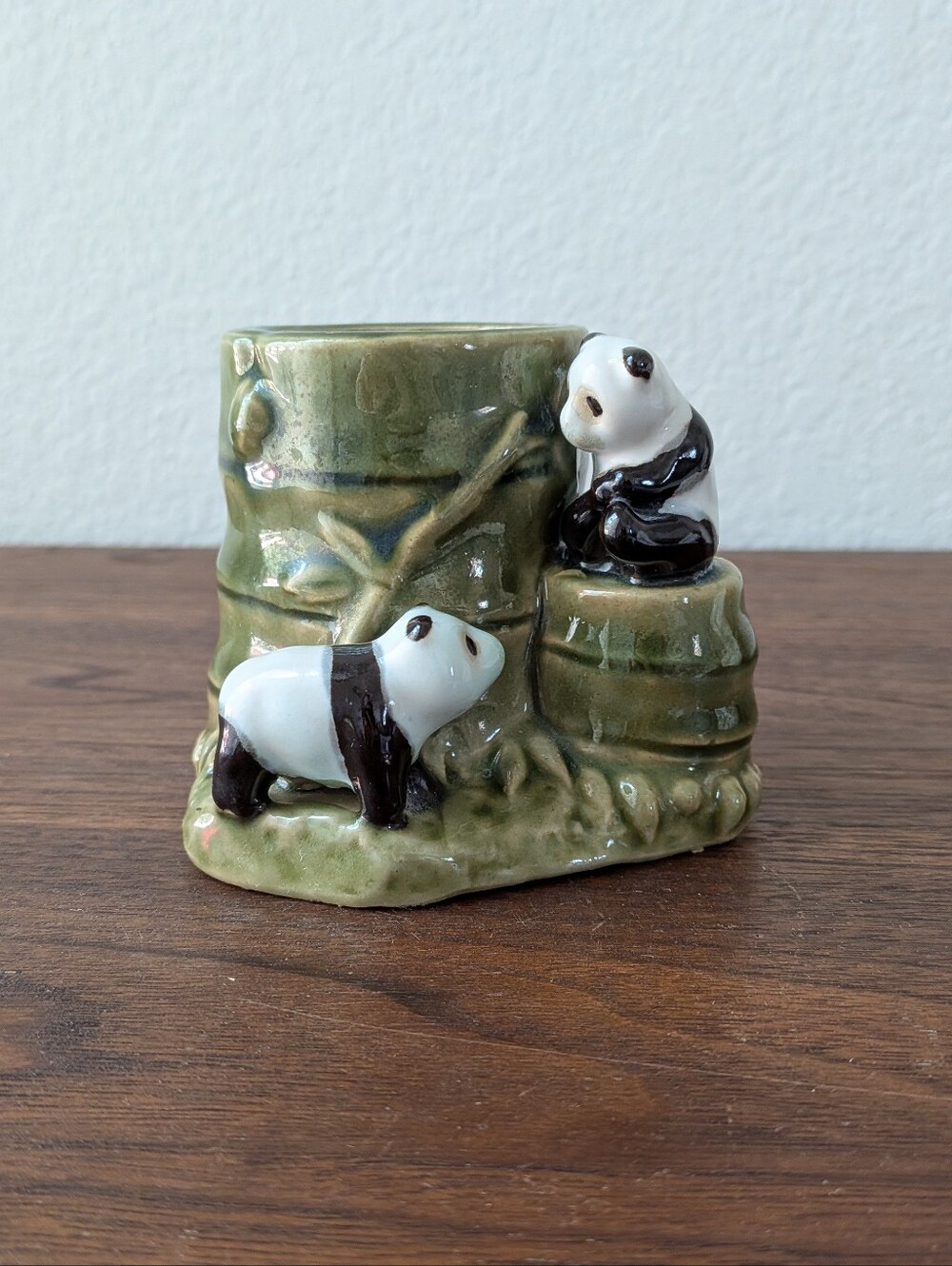Vintage MCM Majolica 2 Pandas Bamboo Flower Vase Planter Glazed 3"
